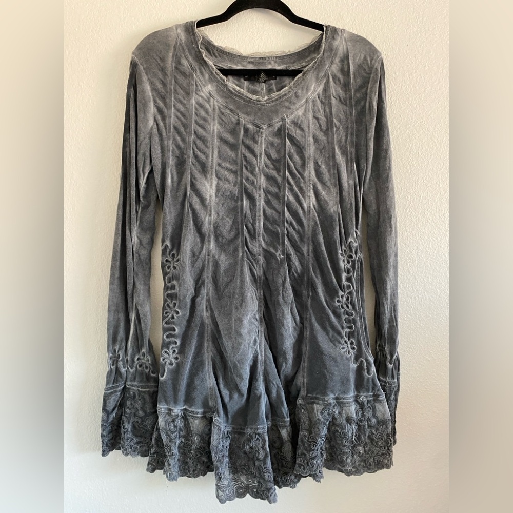 Gretty Zueger Top Tunic Gray Lace Fairy Goth Boho Western Grunge Size XS/S